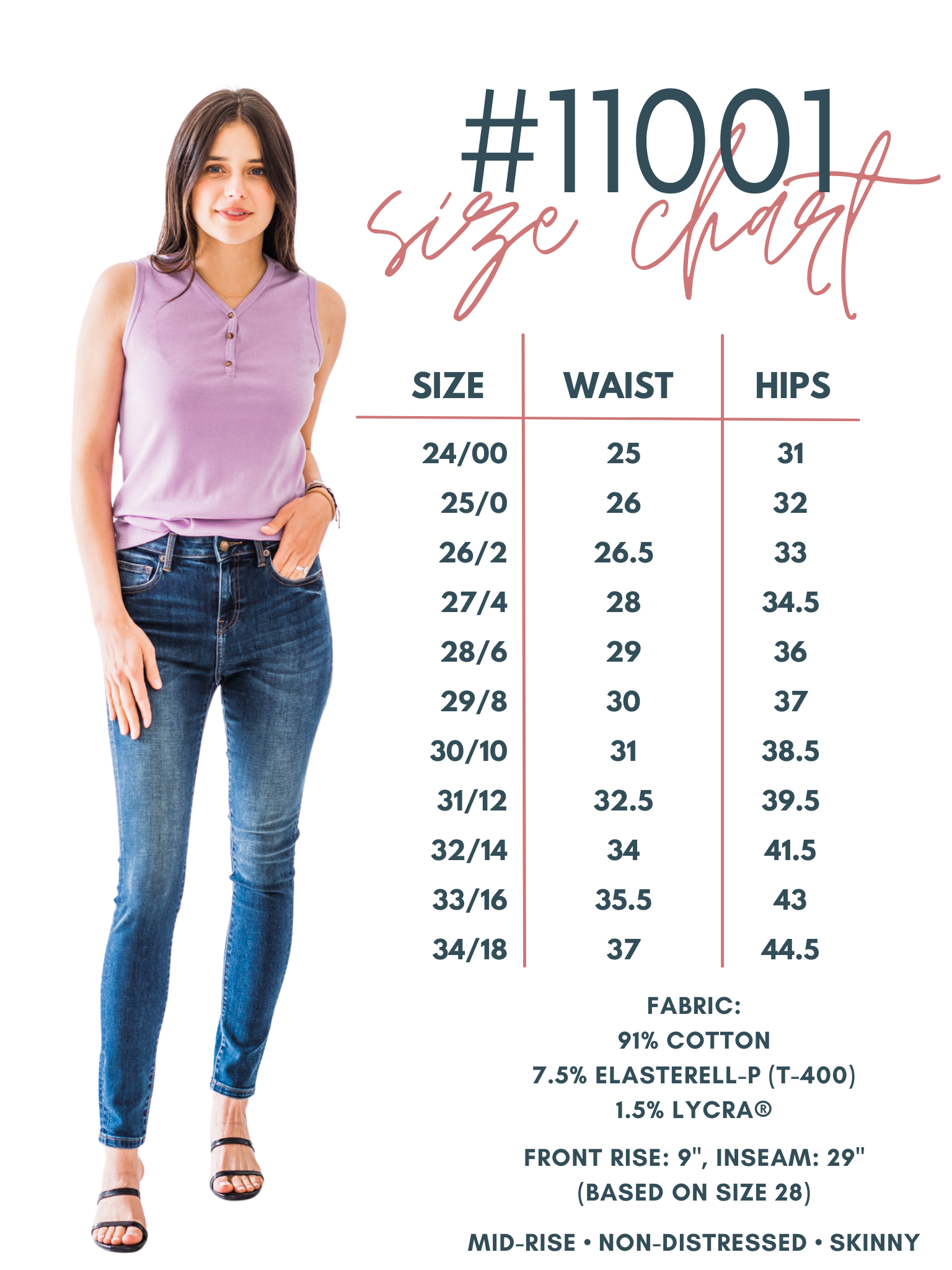 Mid-Rise Non-Distressed Dark Wash Skinny Jeans SIZE CHART with VICTORIA