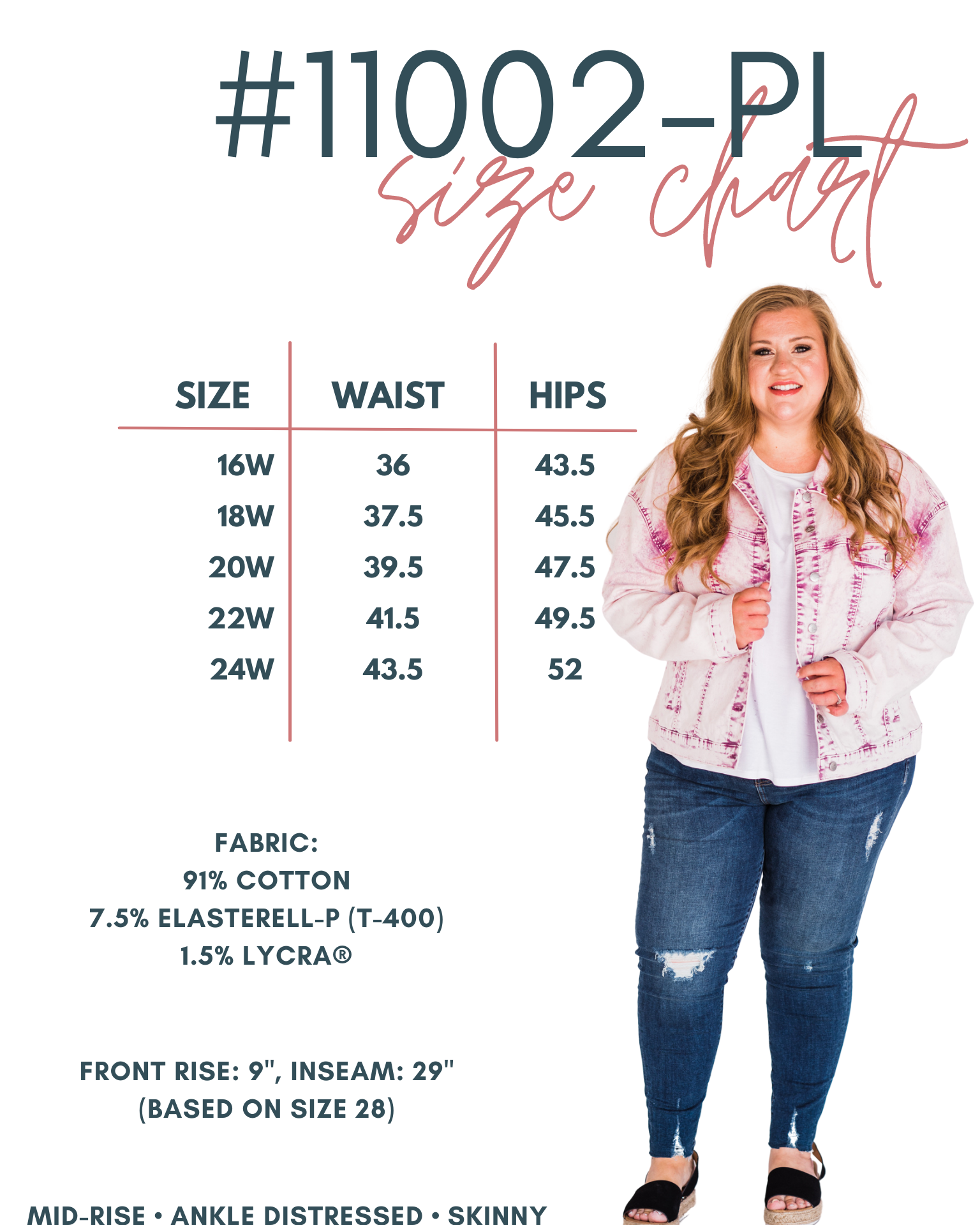 size chart for mid-rise distressed ankle skinny jeans made of Lycra® Beauty denim with a zip button-up fly and pockets