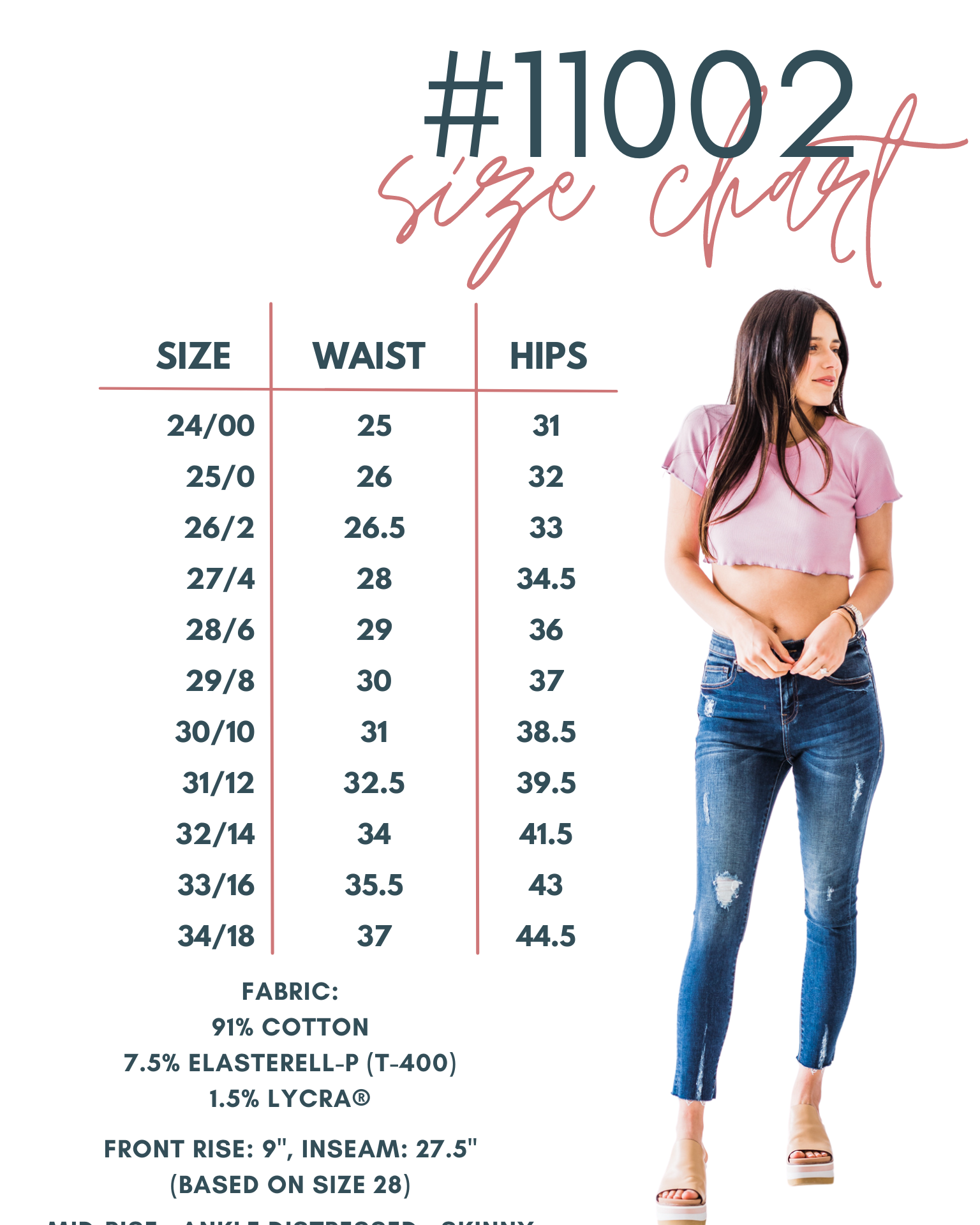 size chart for mid-rise distressed ankle skinny jeans made of Lycra® Beauty denim with a zip button-up fly and pockets