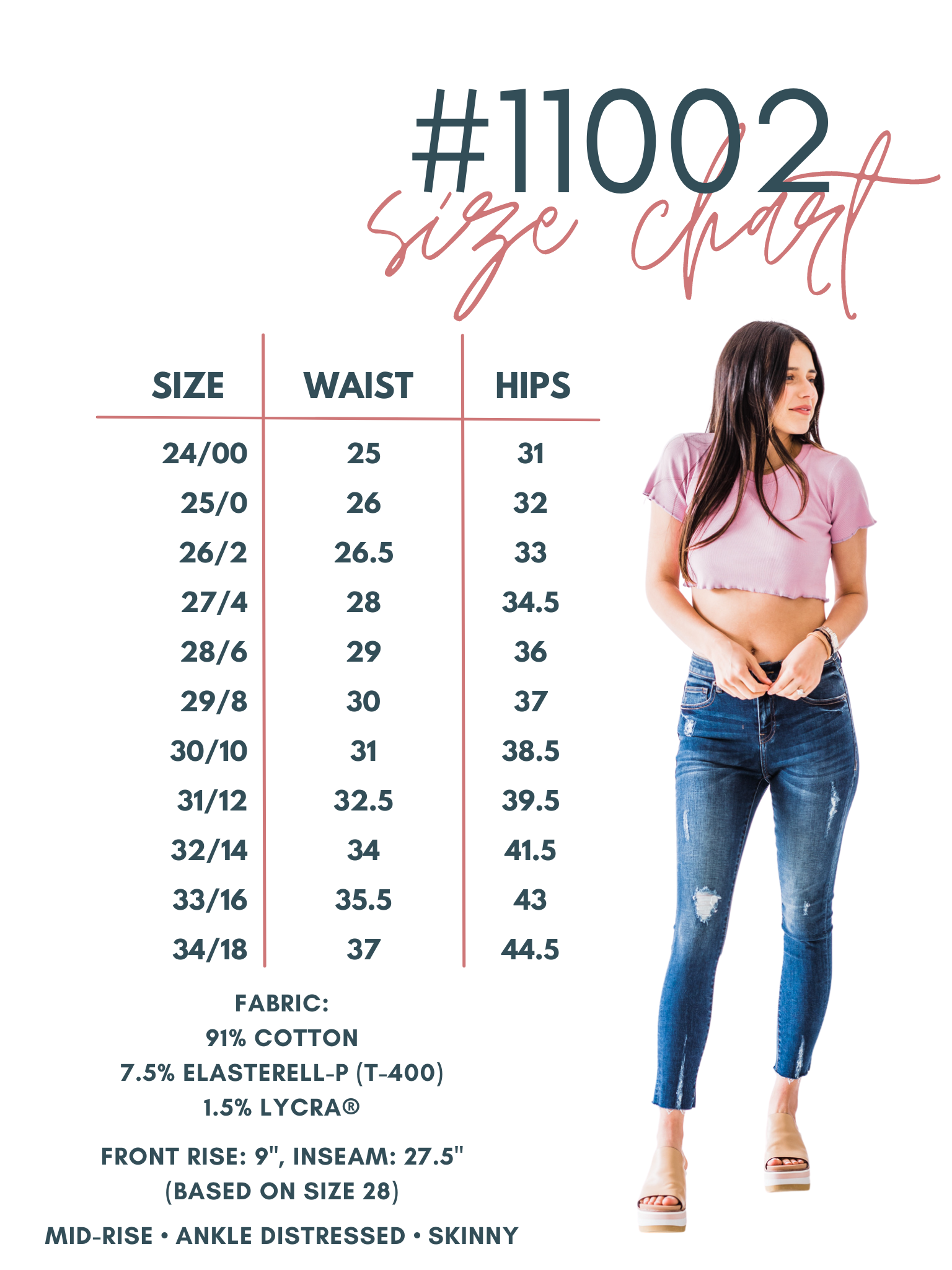 size chart for mid-rise distressed ankle skinny jeans made of Lycra® Beauty denim with a zip button-up fly and pockets