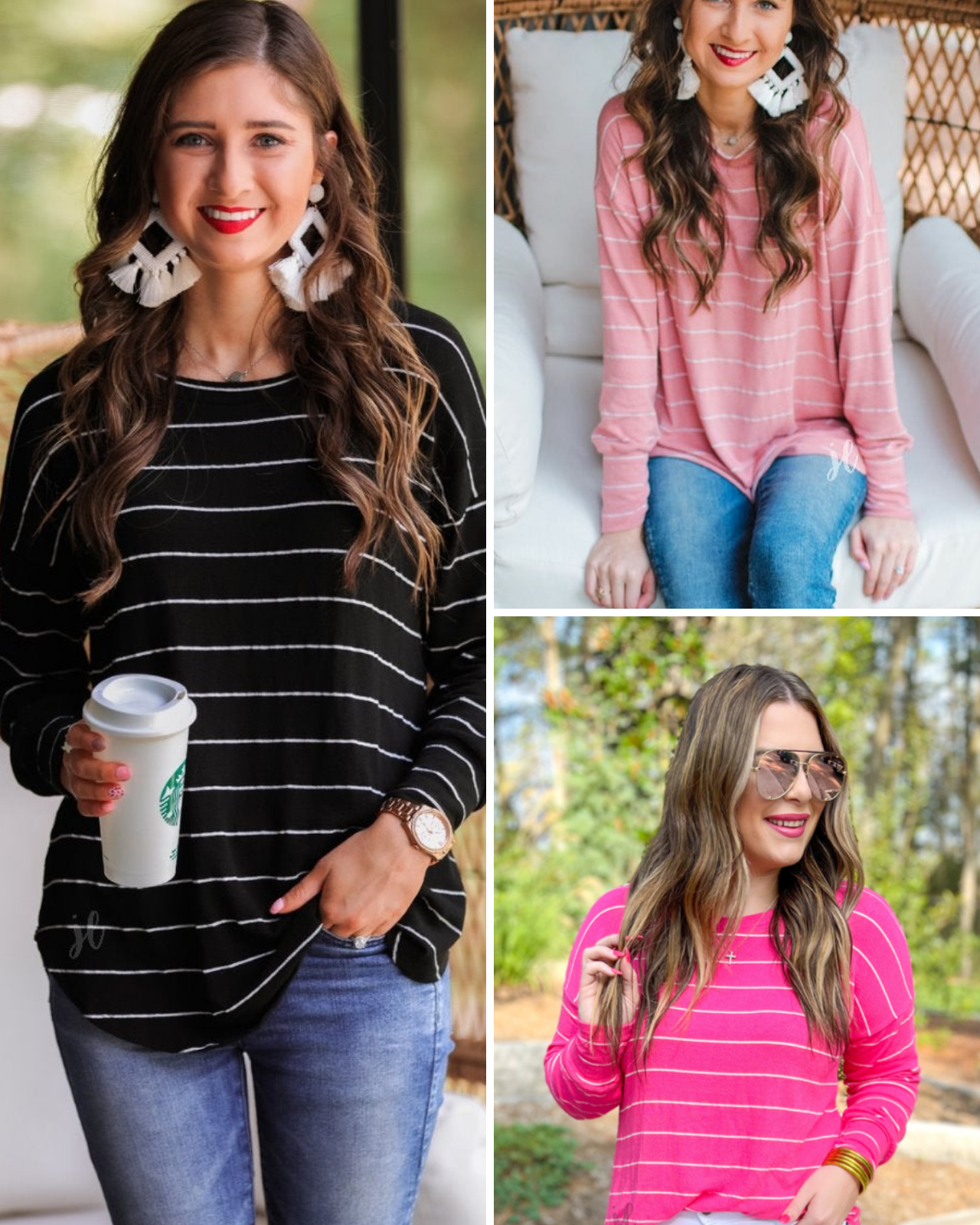 lightweight horizontal striped top with long sleeves, a crew neckline, and a slouched silhouette that ends in a rounded hemline on a solid color base in black, mauve, and pink