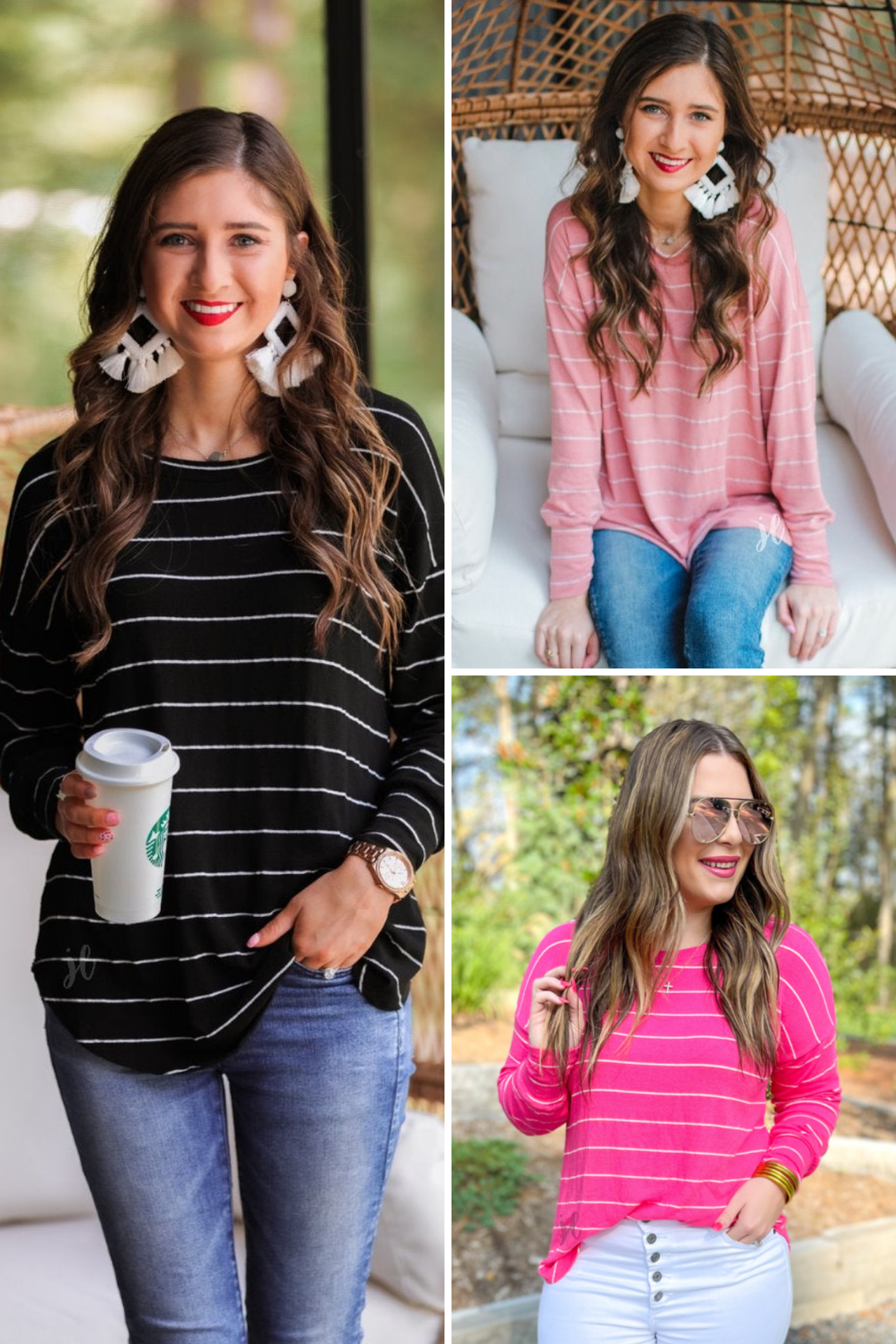 lightweight horizontal striped top with long sleeves, a crew neckline, and a slouched silhouette that ends in a rounded hemline on a solid color base in black, mauve, and pink