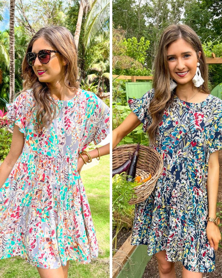 colorful floral babydoll dress with short ruffled sleeves in grey and multi