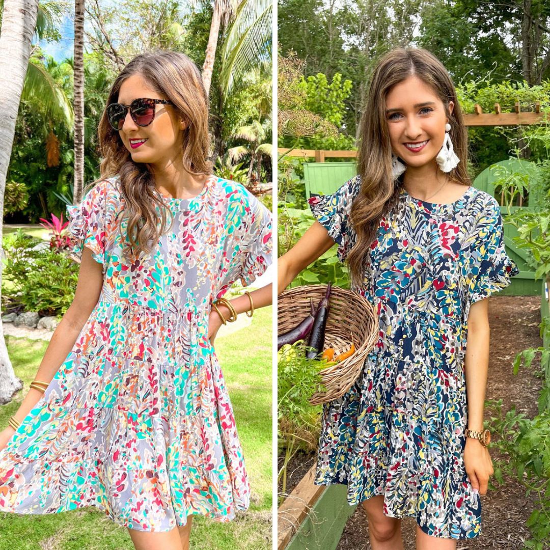 colorful floral babydoll dress with short ruffled sleeves in grey and multi