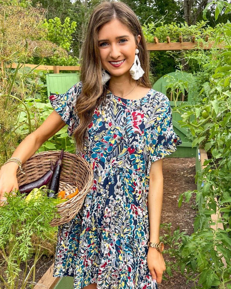 colorful floral babydoll dress with short ruffled sleeves