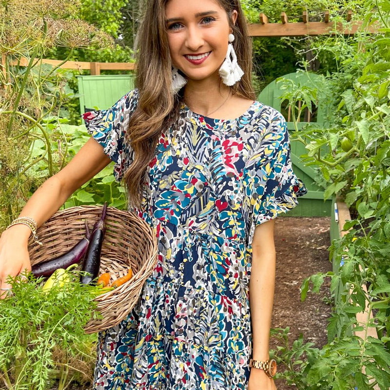 colorful floral babydoll dress with short ruffled sleeves