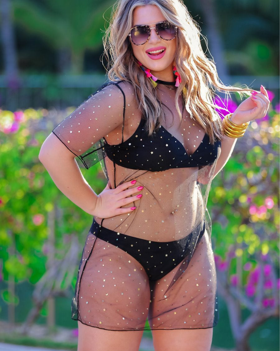 solid black two-piece triangle bikini with a back hook, removable padding, matching bottoms, and a sheer gold star pattern coverup