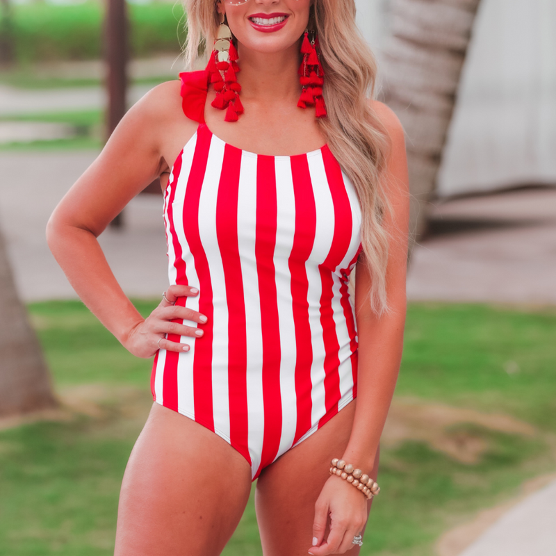 red and white vertical stripe one-piece swimsuit with ruffle sleeves, crisscross straps, removable padding, and an open front