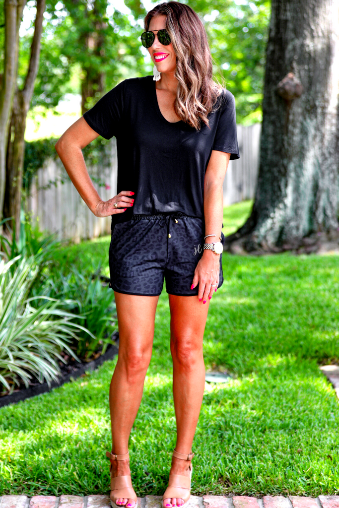 Shiloh Black Leopard Drawstring Everyday Shorts BLACK (Jess)