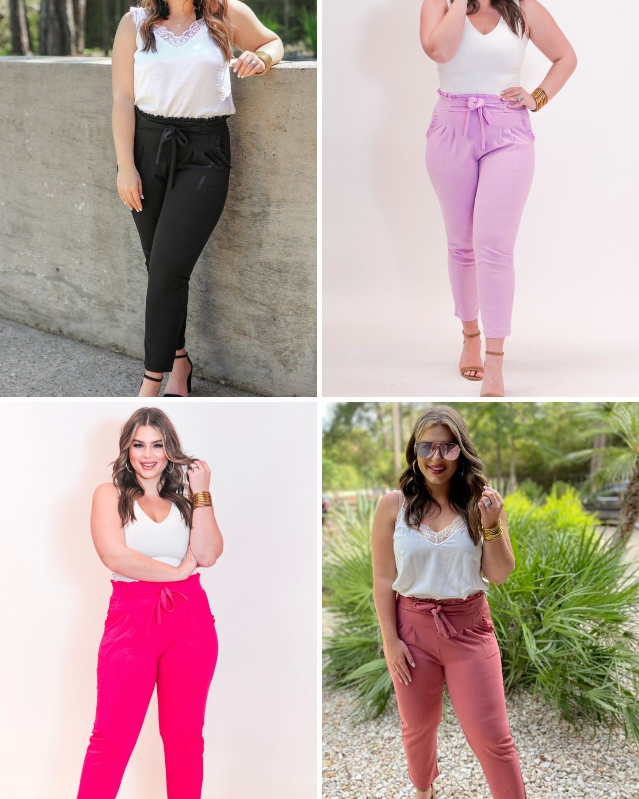 high-waisted paper-bag silhouette pants with a ruffle trim and sash tie, lightweight drapey fabric, straight legs, side pockets polished with a flirty ruffle, and unlined for breezy comfort in black, lavender, pink, and rose