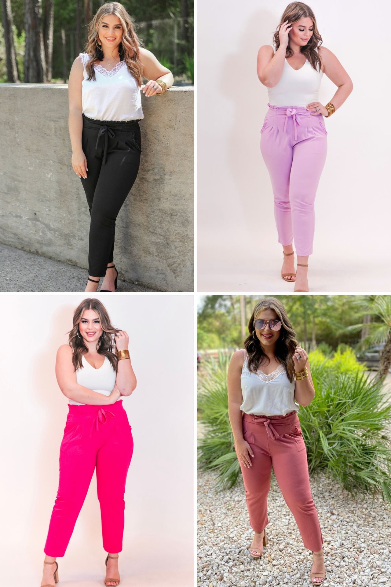 high-waisted paper-bag silhouette pants with a ruffle trim and sash tie, lightweight drapey fabric, straight legs, side pockets polished with a flirty ruffle, and unlined for breezy comfort in black, lavender, pink, and rose