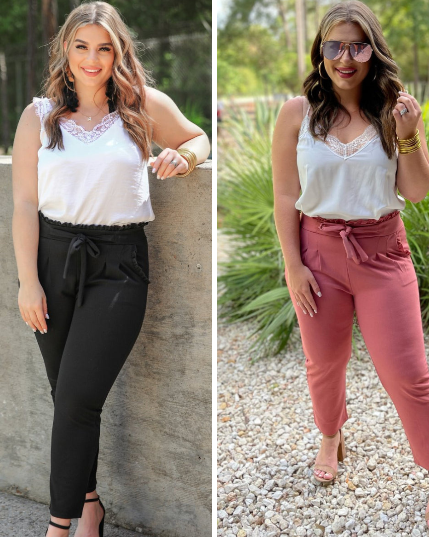 high-waisted paper-bag silhouette pants with a ruffle trim and sash tie, lightweight drapey fabric, straight legs, side pockets polished with a flirty ruffle, and unlined for breezy comfort in black and rose