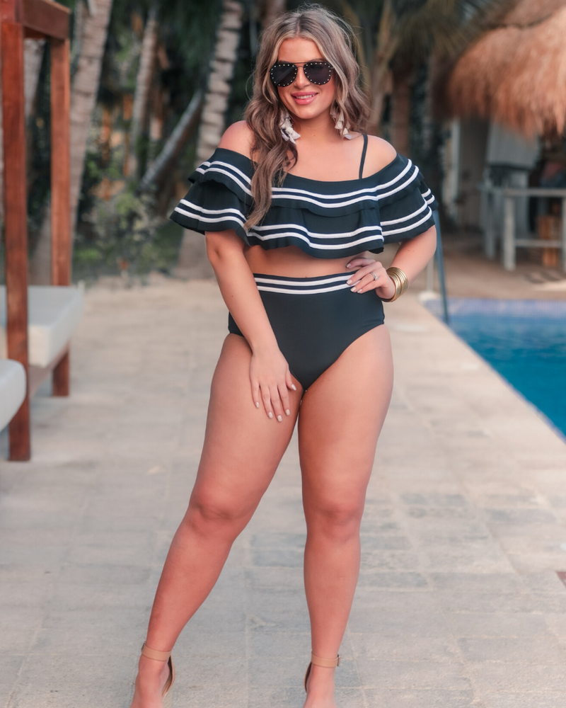 ruffled top with white piping and matching full-coverage high-waisted bottoms, removable padding, and removable/adjustable spaghetti straps