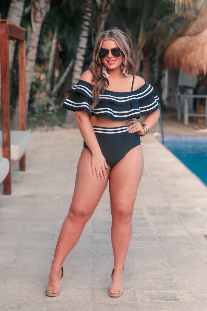 ruffled top with white piping and matching full-coverage high-waisted bottoms, removable padding, and removable/adjustable spaghetti straps