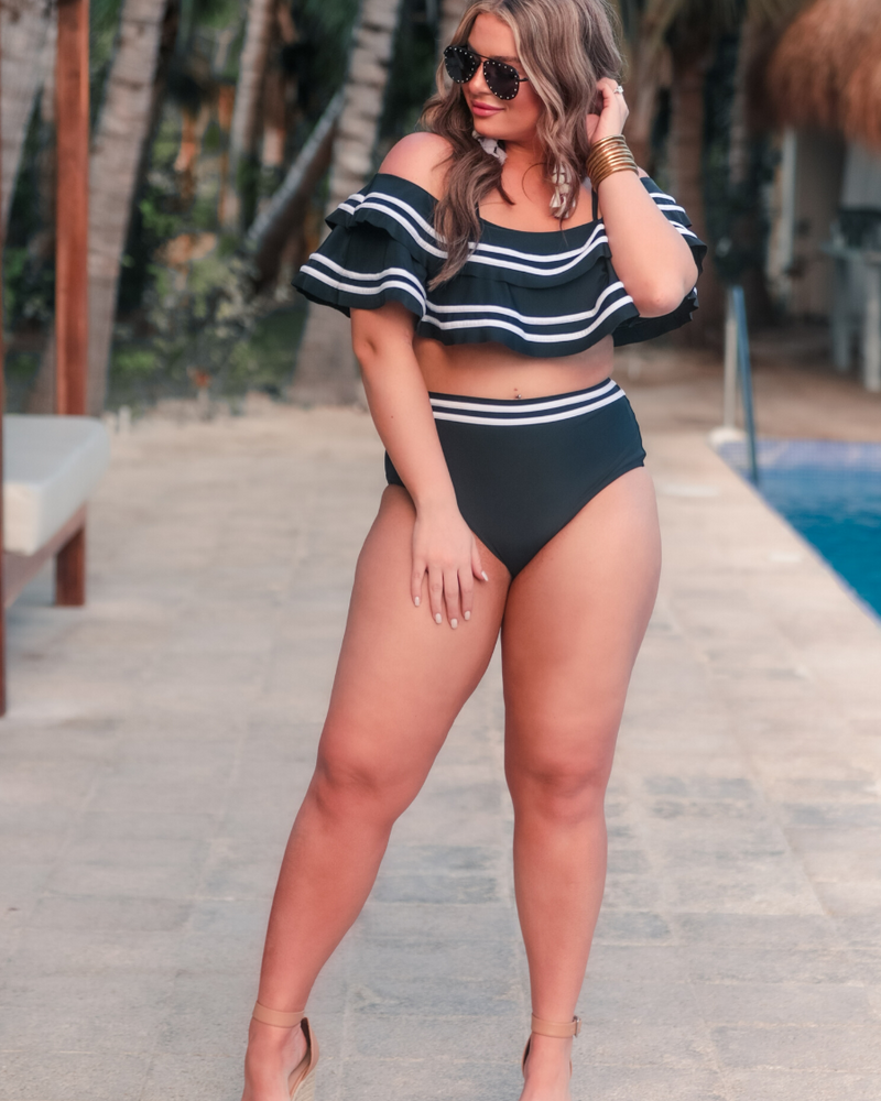 ruffled top with white piping and matching full-coverage high-waisted bottoms, removable padding, and removable/adjustable spaghetti straps