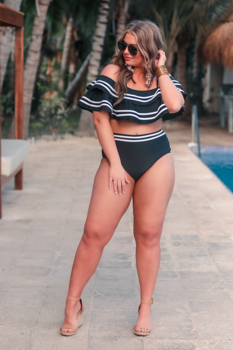 ruffled top with white piping and matching full-coverage high-waisted bottoms, removable padding, and removable/adjustable spaghetti straps