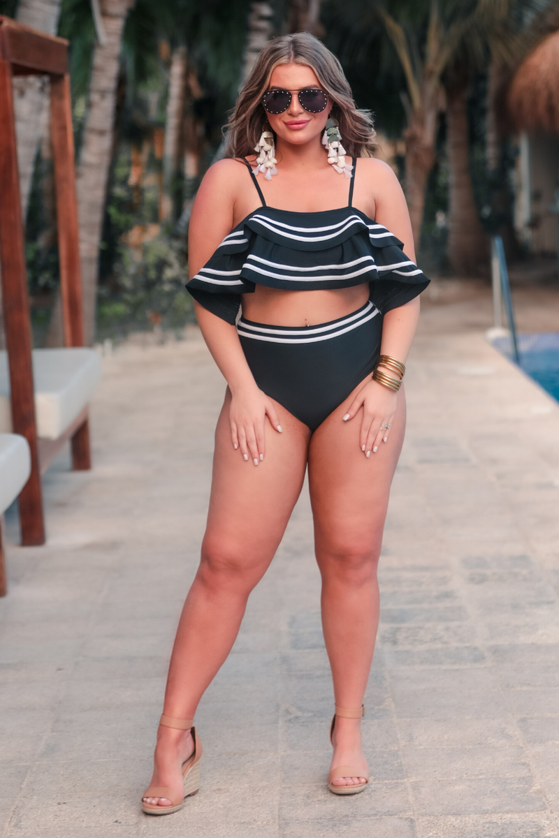 ruffled top with white piping and matching full-coverage high-waisted bottoms, removable padding, and removable/adjustable spaghetti straps