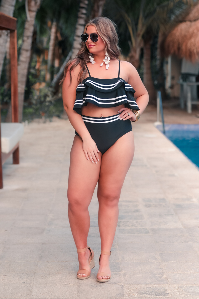 ruffled top with white piping and matching full-coverage high-waisted bottoms, removable padding, and removable/adjustable spaghetti straps