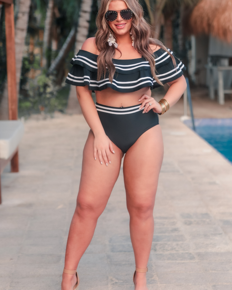 ruffled top with white piping and matching full-coverage high-waisted bottoms, removable padding, and removable/adjustable spaghetti straps