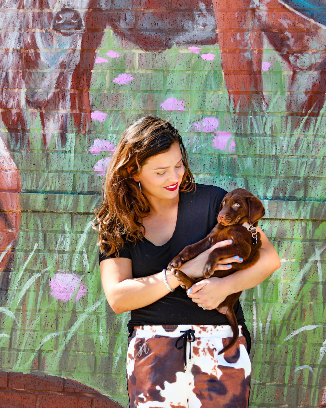 mid-rise relaxed fit activewear shorts with side pockets and a tie waist drawstring with gold bead accents, designed on a classic black, brown, and white cow patterned print fabric and black trim