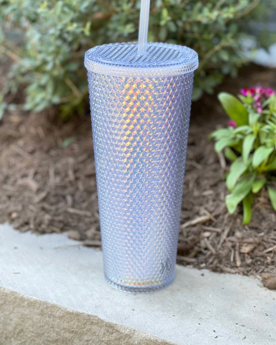 textured studded finish tumbler with matching reusable straw and screw on lid in lavender