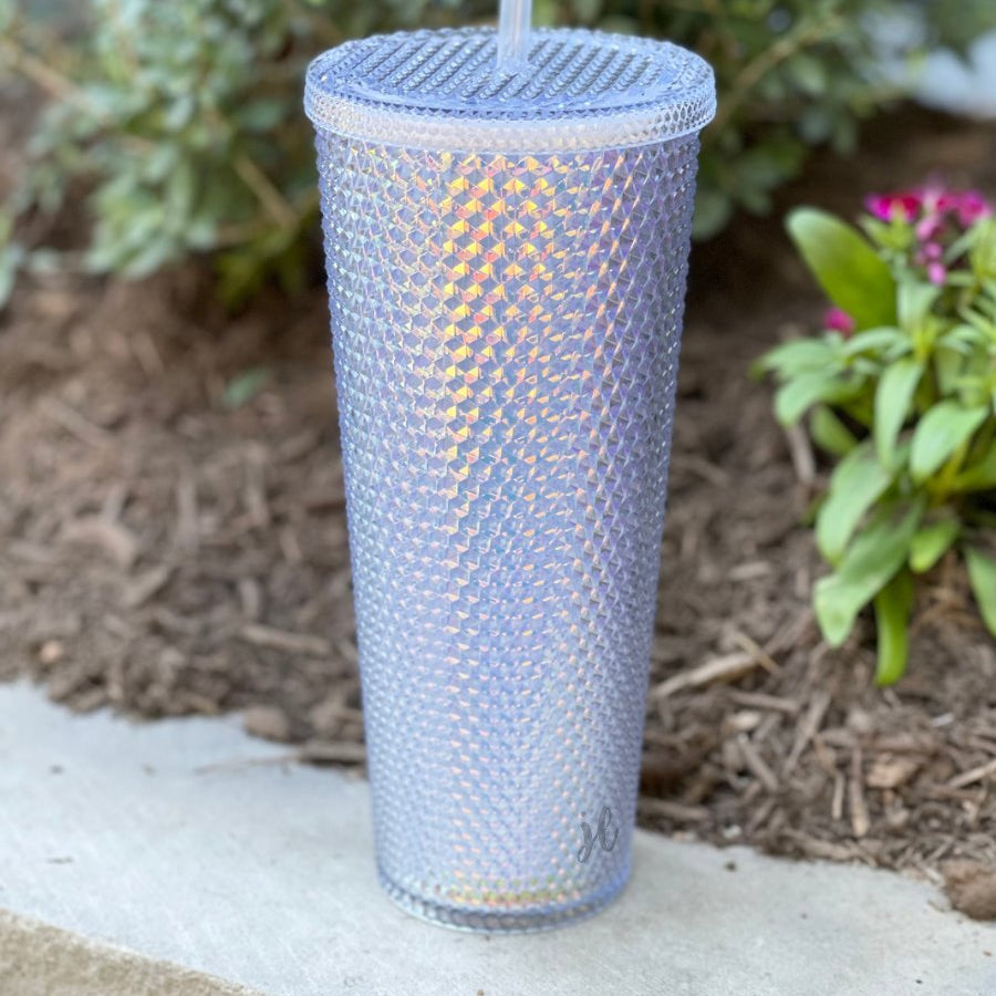 textured studded finish tumbler with matching reusable straw and screw on lid in lavender