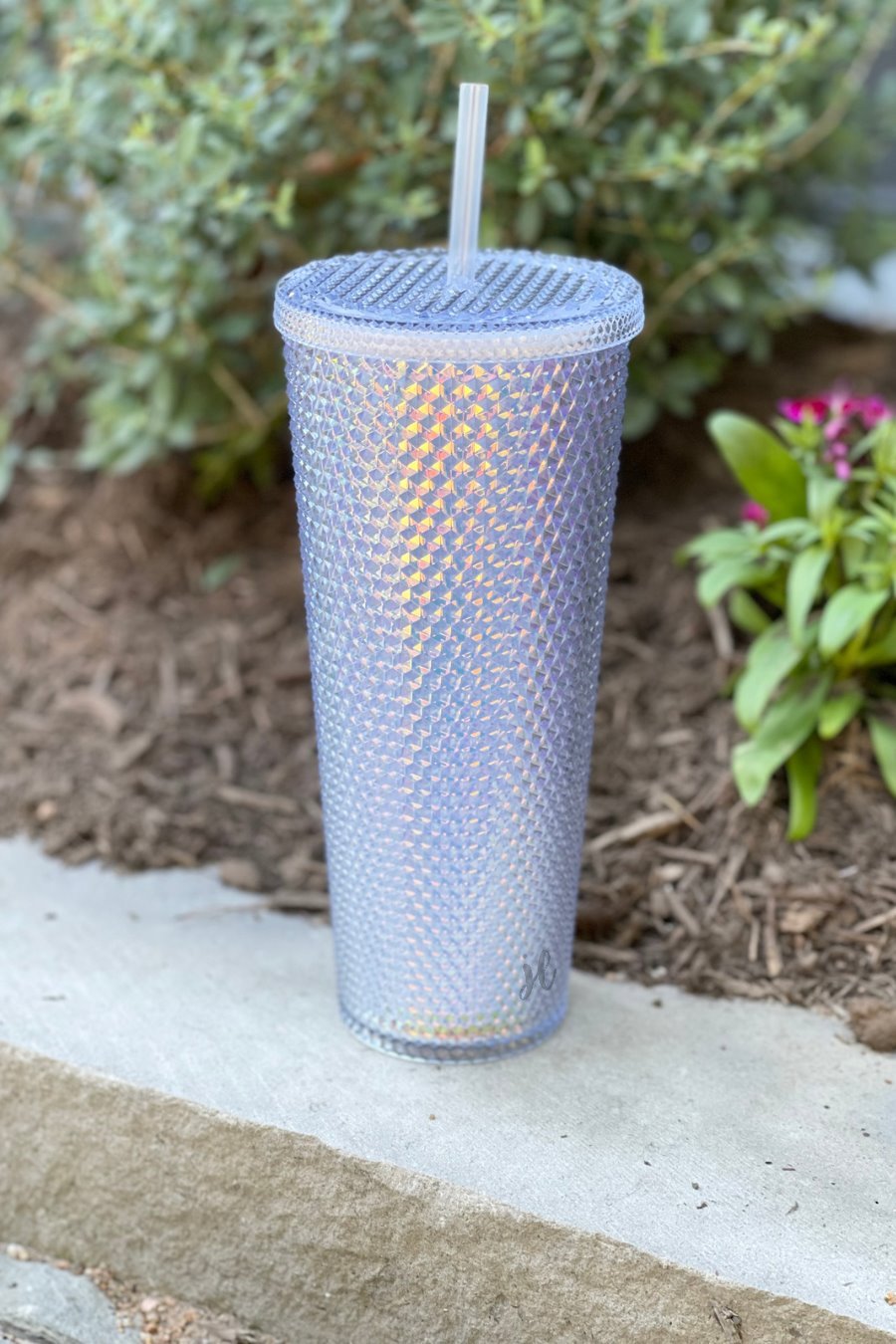 textured studded finish tumbler with matching reusable straw and screw on lid in lavender