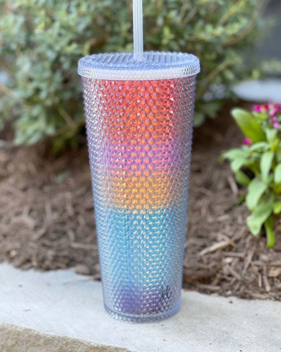 textured studded finish tumbler with matching reusable straw and screw on lid in rainbow