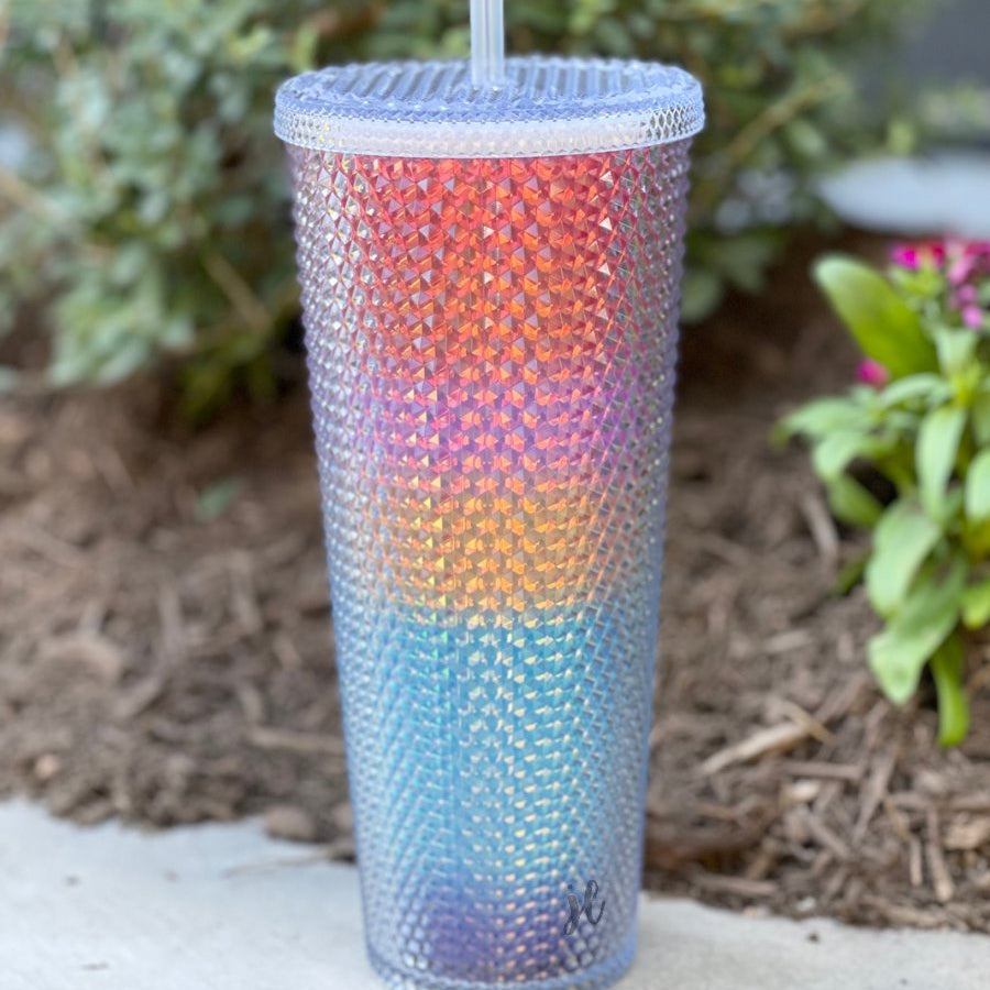 textured studded finish tumbler with matching reusable straw and screw on lid in rainbow