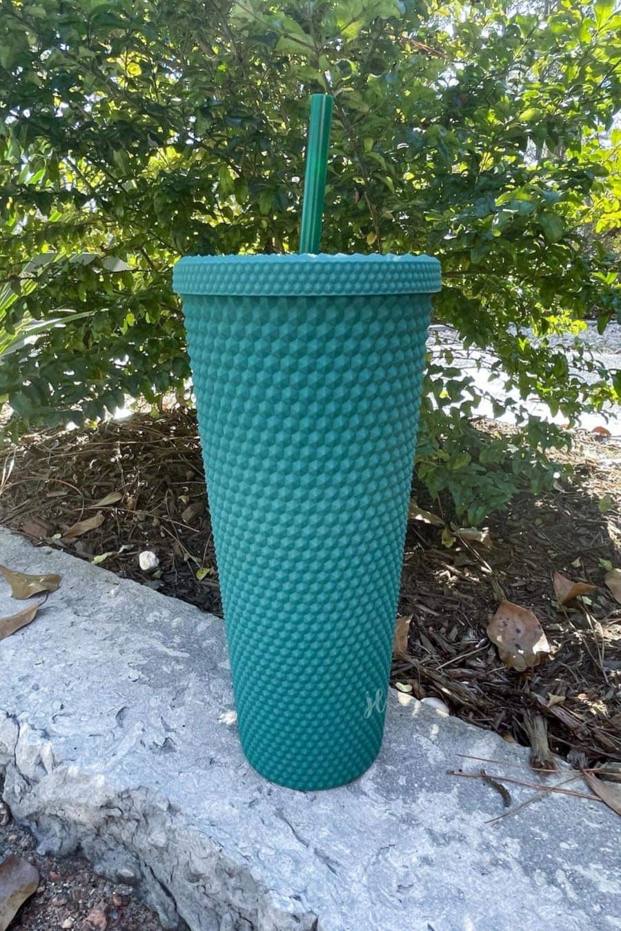 textured studded finish tumbler with matching reusable straw and screw on lid in teal