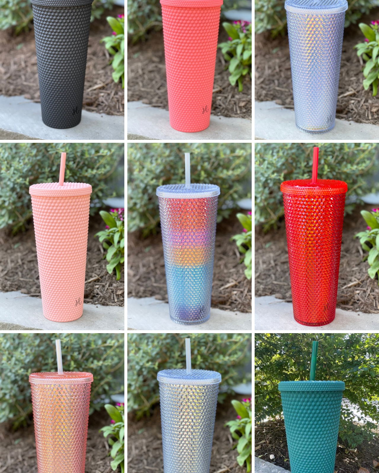 textured studded finish tumbler with matching reusable straw and screw on lid in black, hot pink, lavender, light pink, rainbow, red, rose gold, silver, and teal
