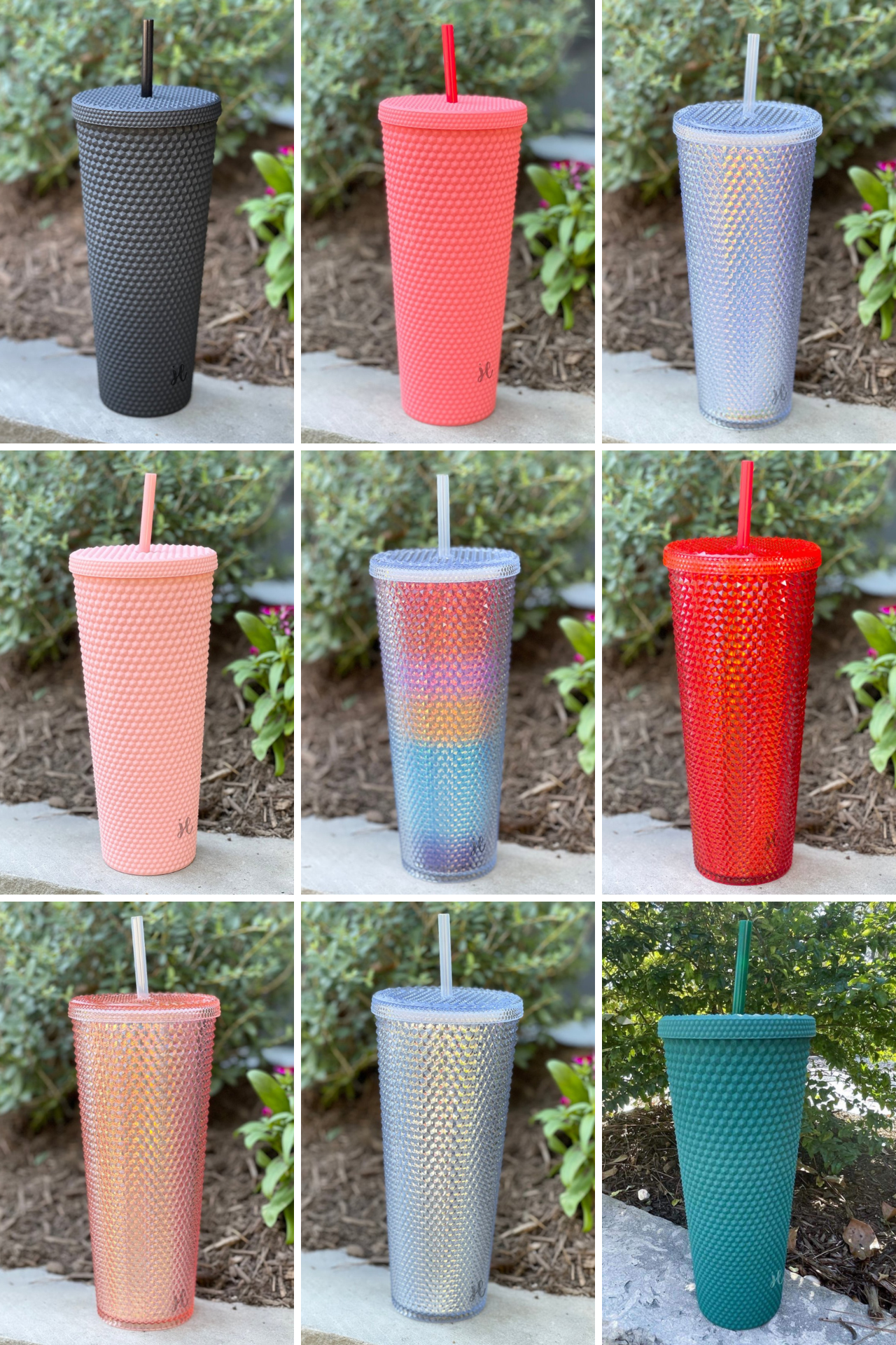 textured studded finish tumbler with matching reusable straw and screw on lid in black, hot pink, lavender, light pink, rainbow, red, rose gold, silver, and teal