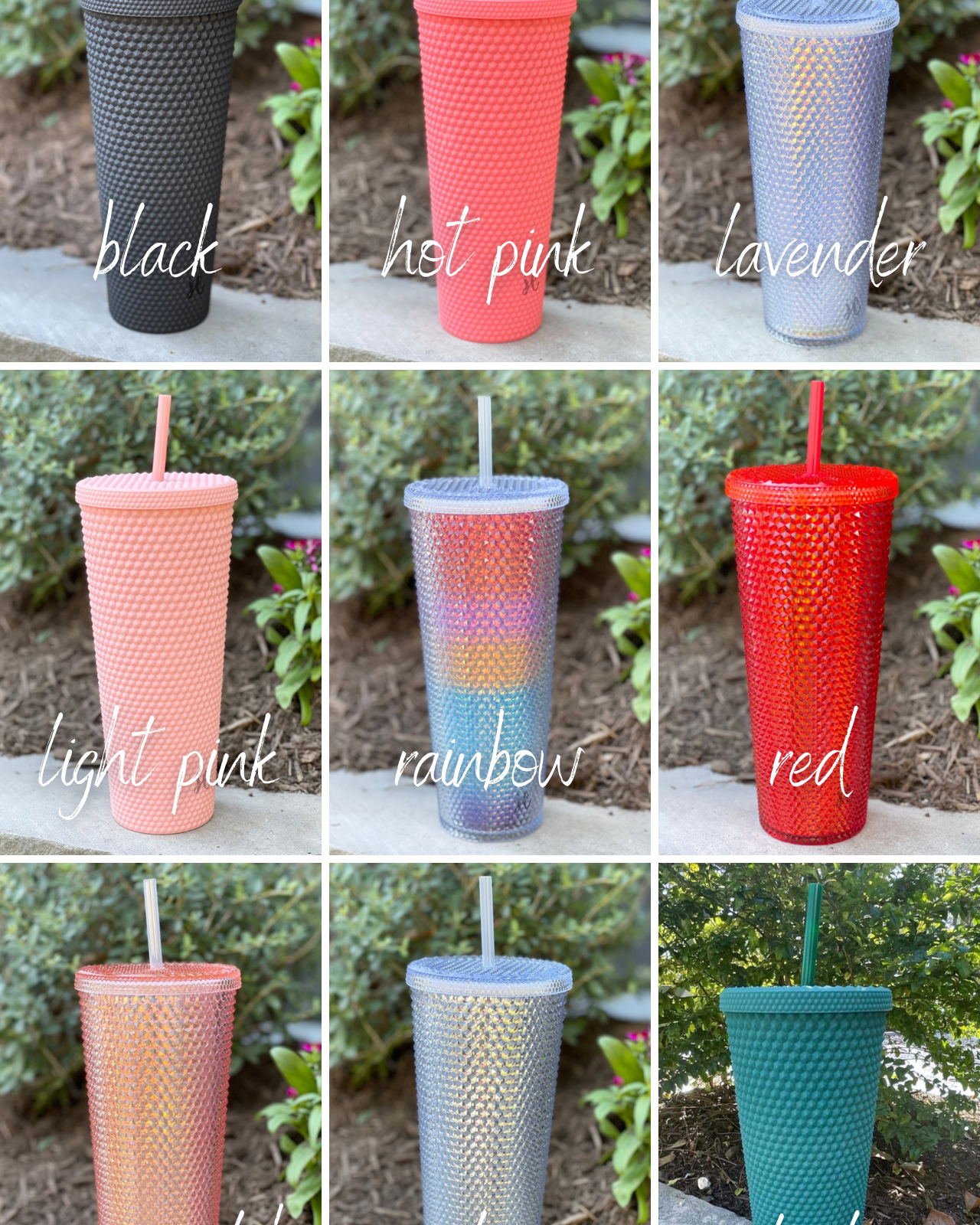 textured studded finish tumbler with matching reusable straw and screw on lid in black, hot pink, lavender, light pink, rainbow, red, rose gold, silver, and teal