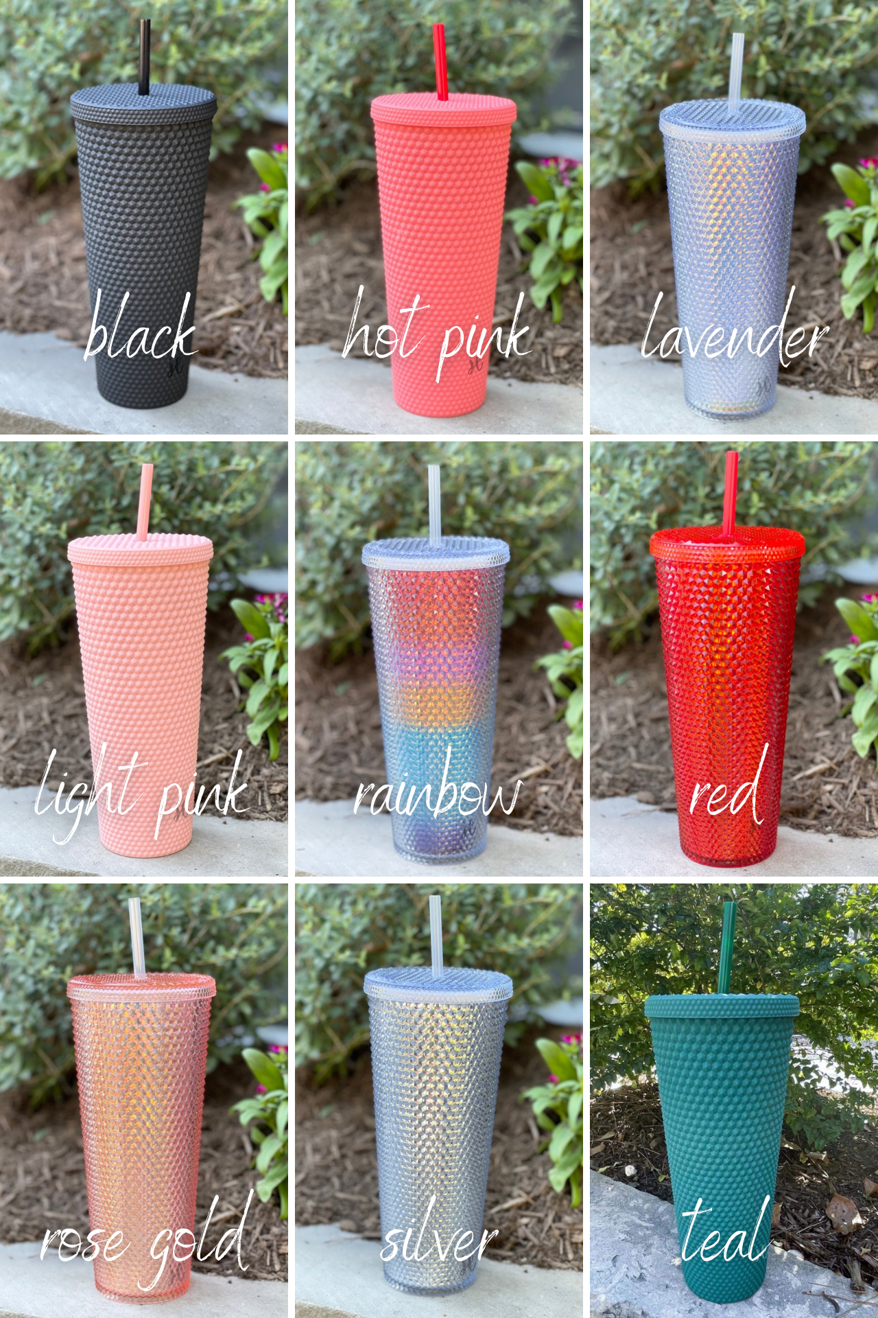 textured studded finish tumbler with matching reusable straw and screw on lid in black, hot pink, lavender, light pink, rainbow, red, rose gold, silver, and teal