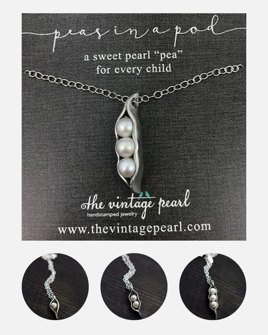 one, two, or three peas in a pod made of fine pewter with freshwater pearls on an 18" plated link chain necklace available in one, two, or three pea pods