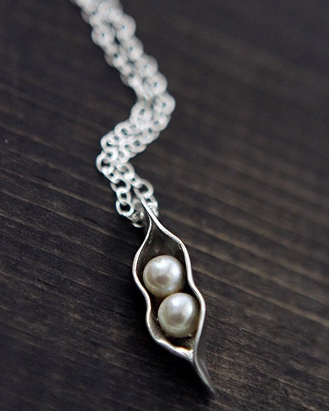 two peas in a pod made of fine pewter with freshwater pearls on an 18" plated link chain necklace