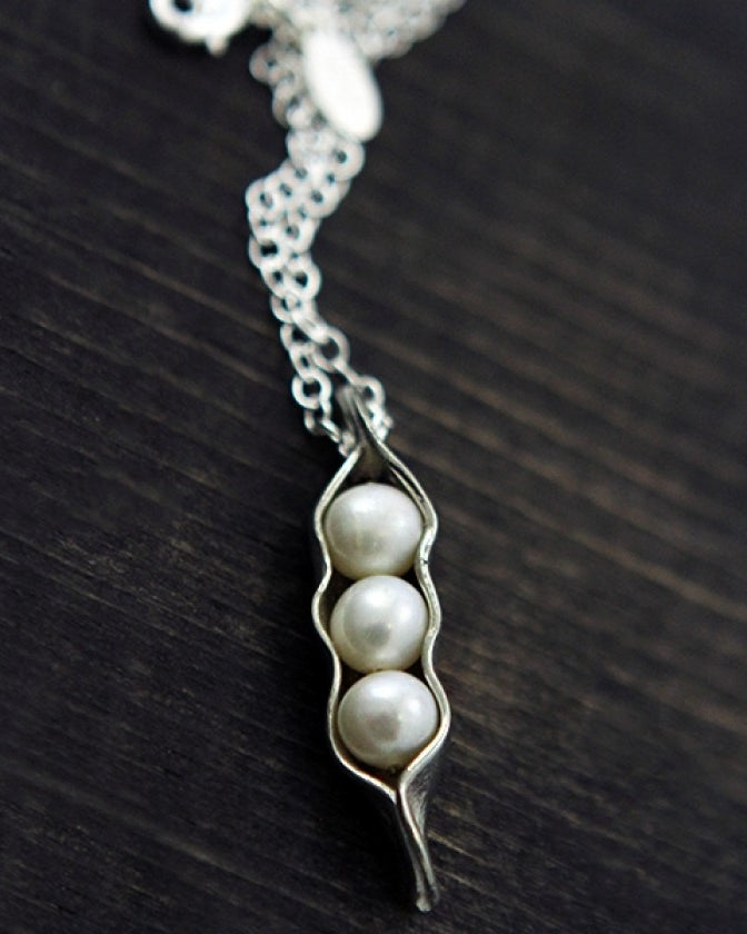 three peas in a pod made of fine pewter with freshwater pearls on an 18" plated link chain necklace