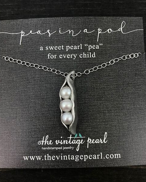 three peas in a pod made of fine pewter with freshwater pearls on an 18" plated link chain necklace
