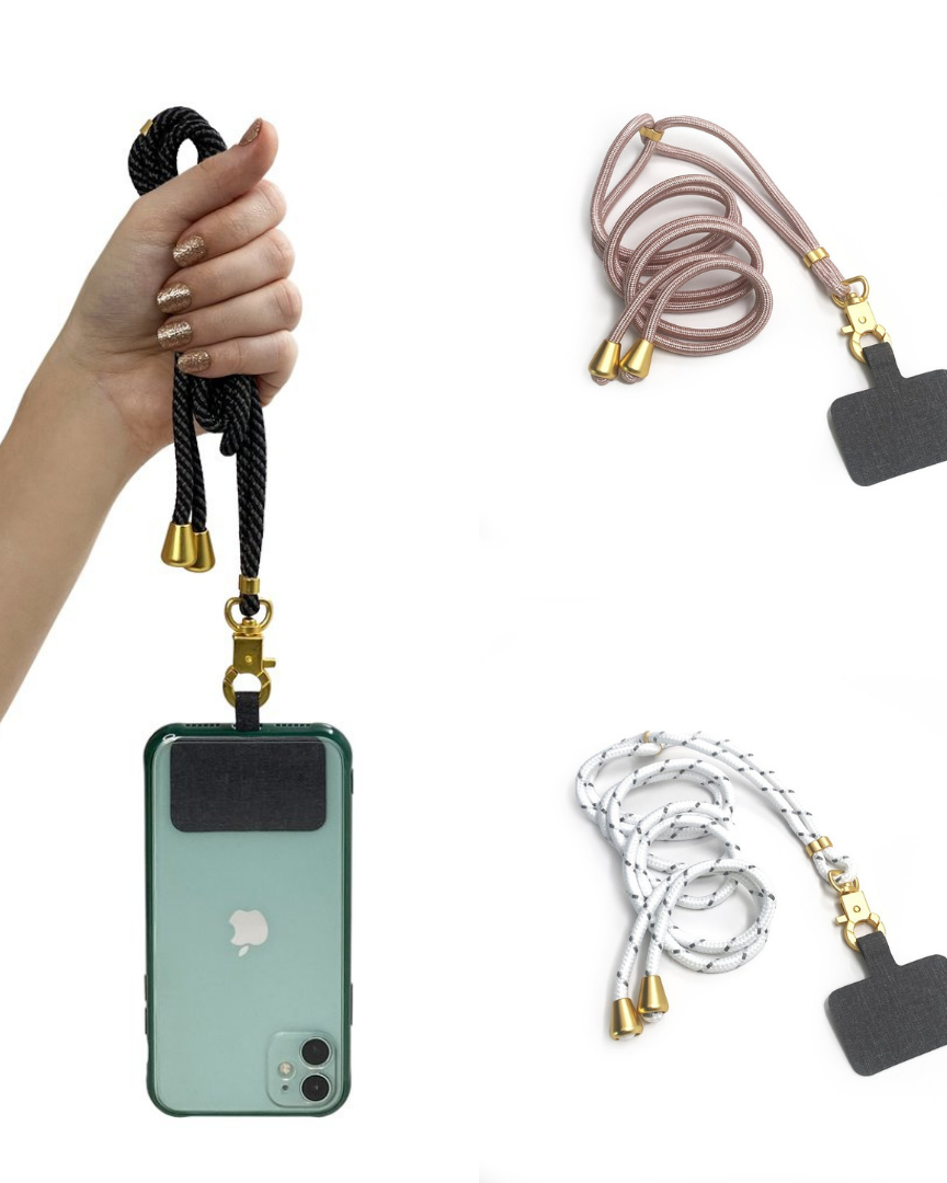universal phone lanyard available in dark slate, rose gold, and white