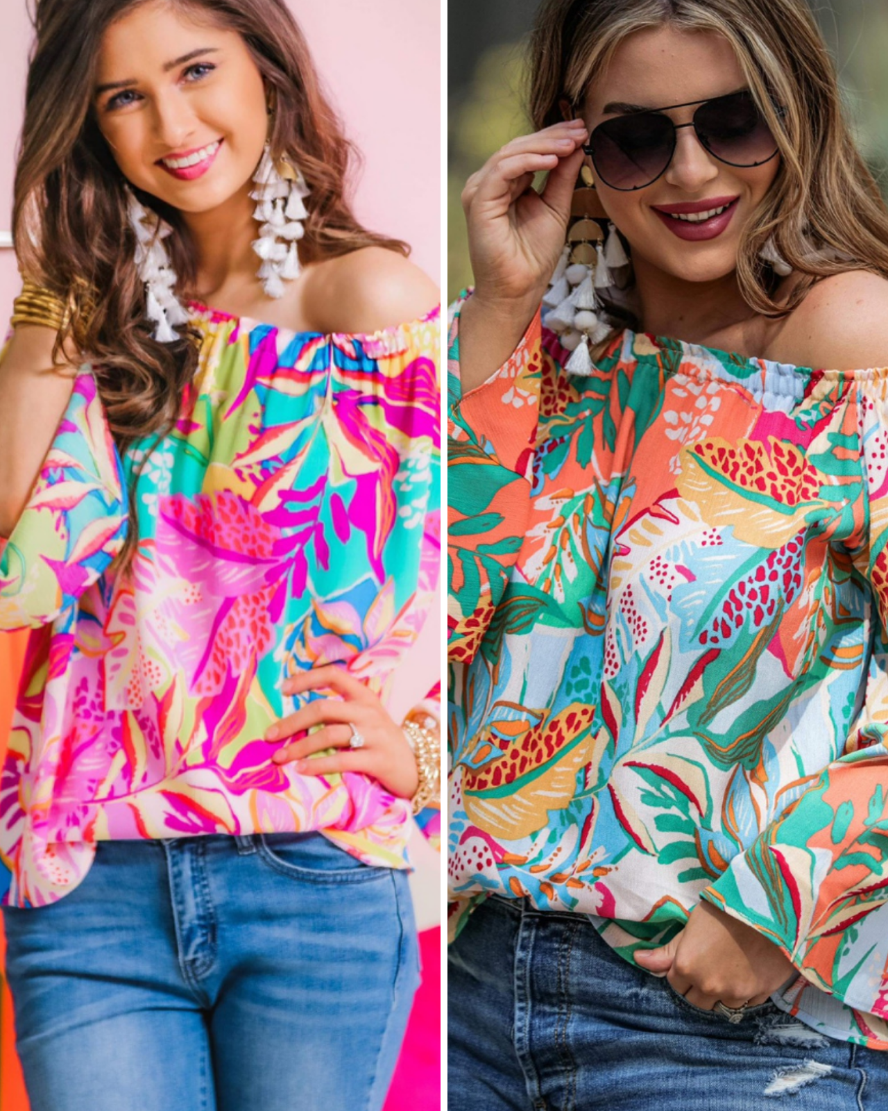 off-the-shoulder flowy top with an elastic neckline in a vibrant floral pattern in fuchsia and ivory