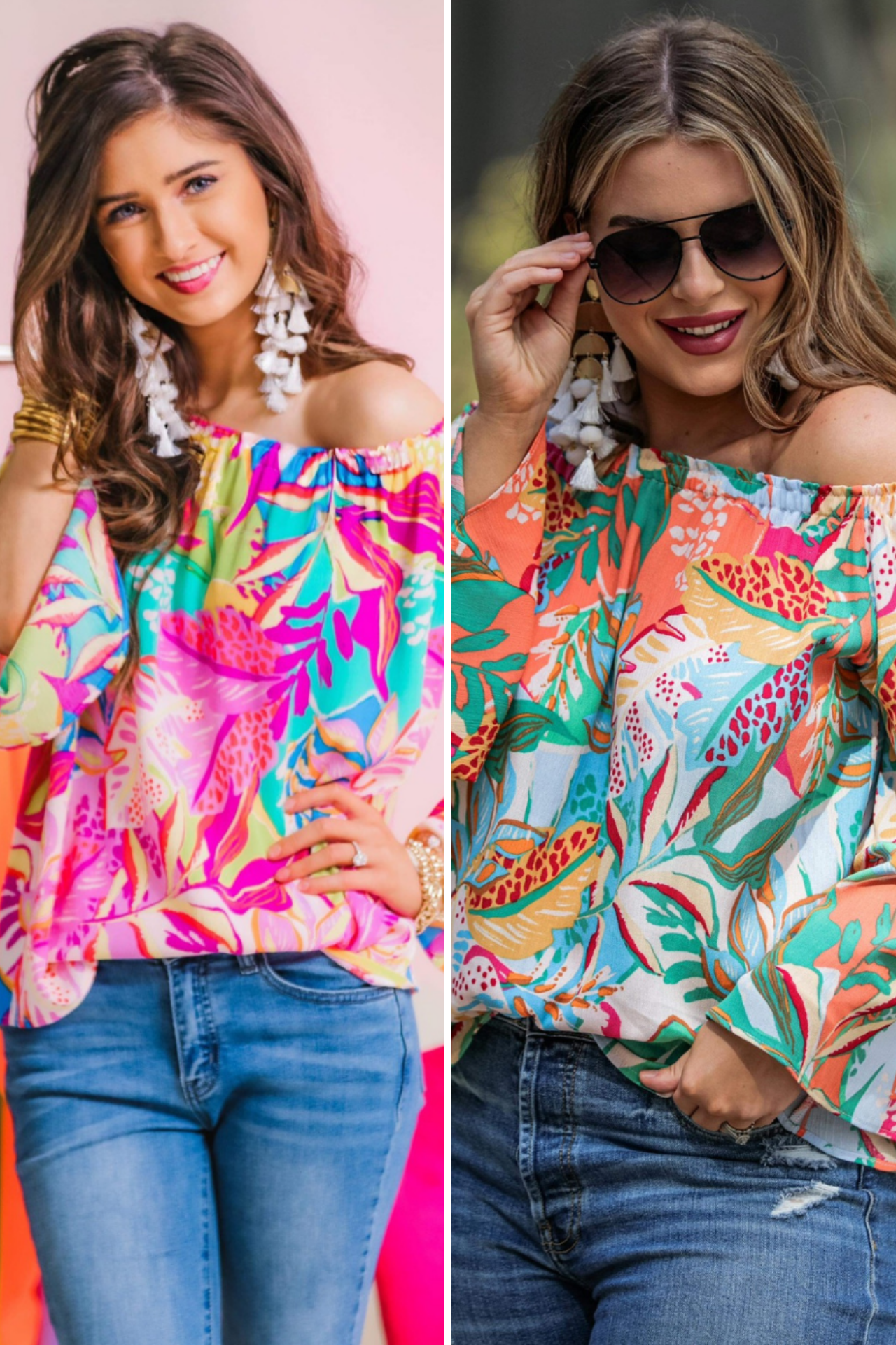 off-the-shoulder flowy top with an elastic neckline in a vibrant floral pattern in fuchsia and ivory