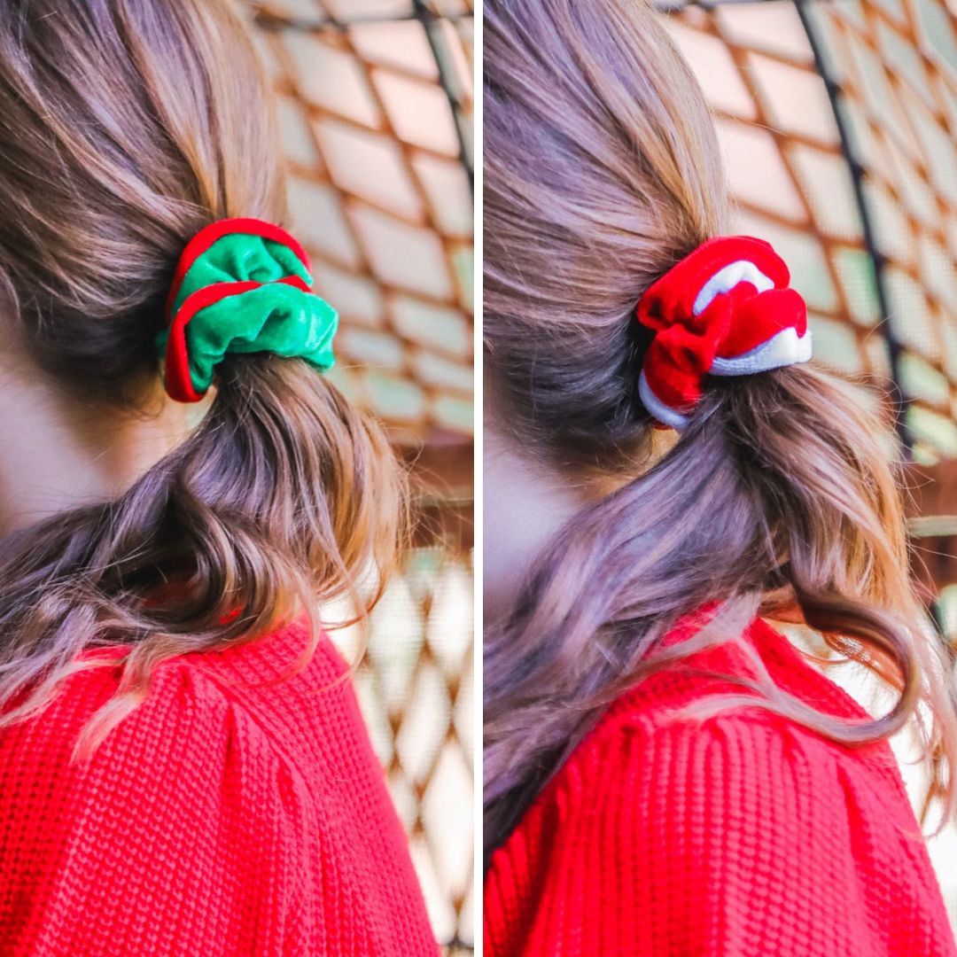 a plush velvet scrunchie in a rich nostalgic colorway (classic green with red trim or bold red with white trim) with contrasting trim and comfortable elastic