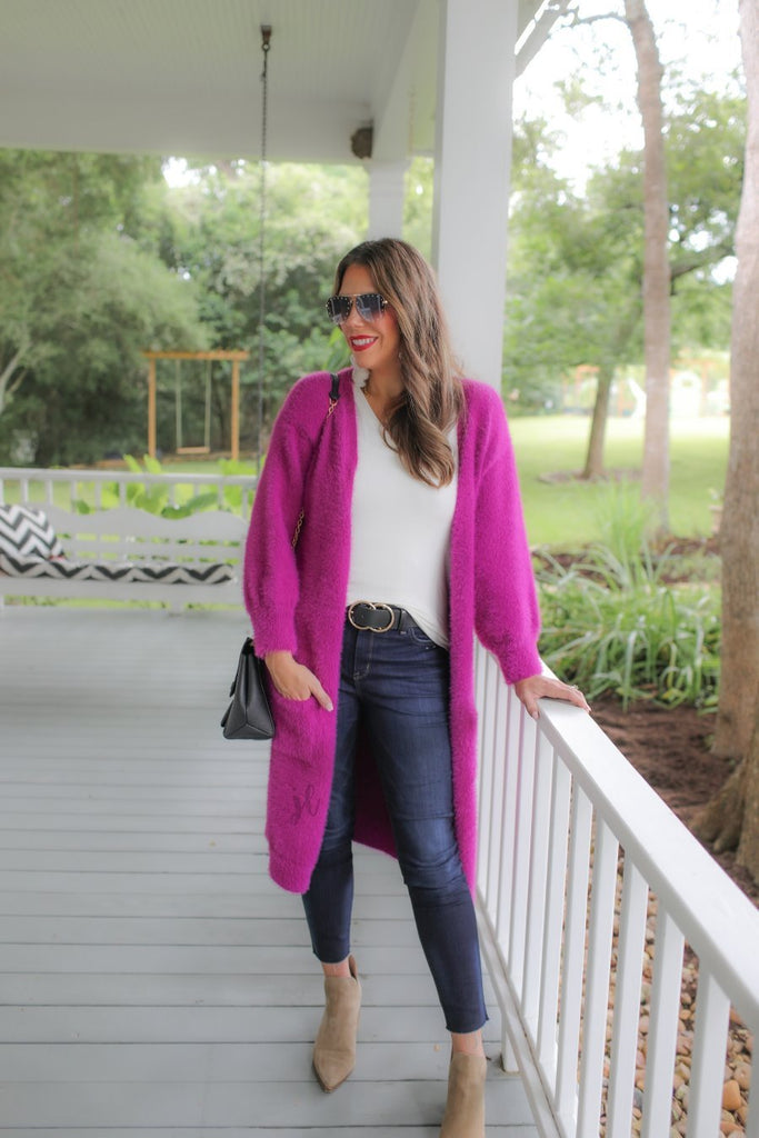 long sleeve cardigan with a super soft classic fabric, an open front, & a relaxed fit