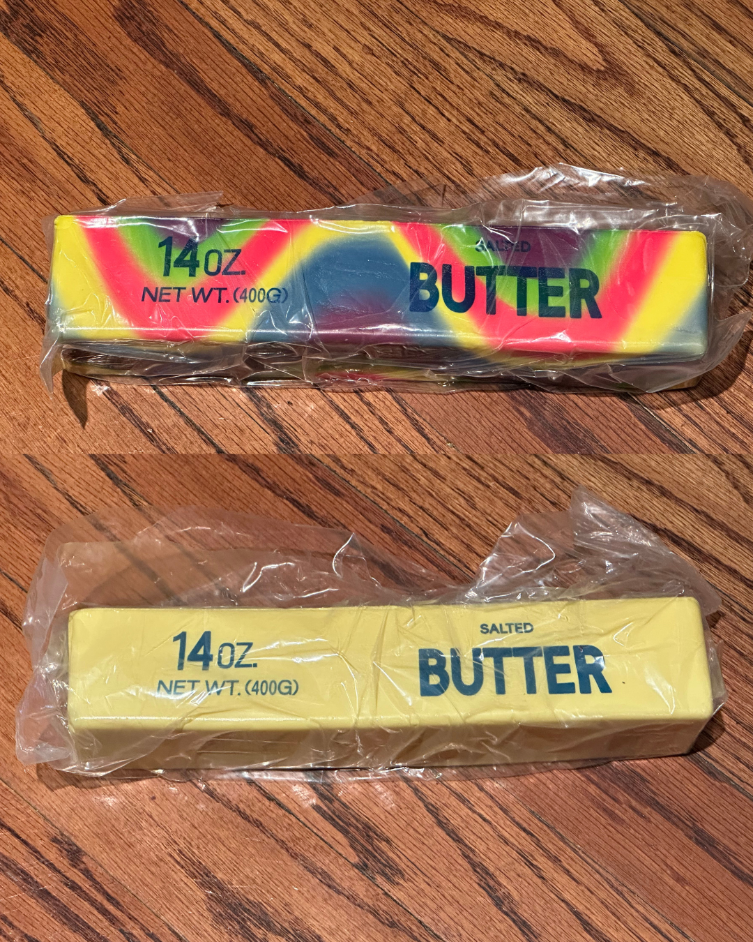 giant 14oz slow-rising salted butter-stick squishies with realistic labeling, and an oversized shape in rainbow and yellow