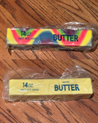 giant 14oz slow-rising salted butter-stick squishies with realistic labeling, and an oversized shape in rainbow and yellow