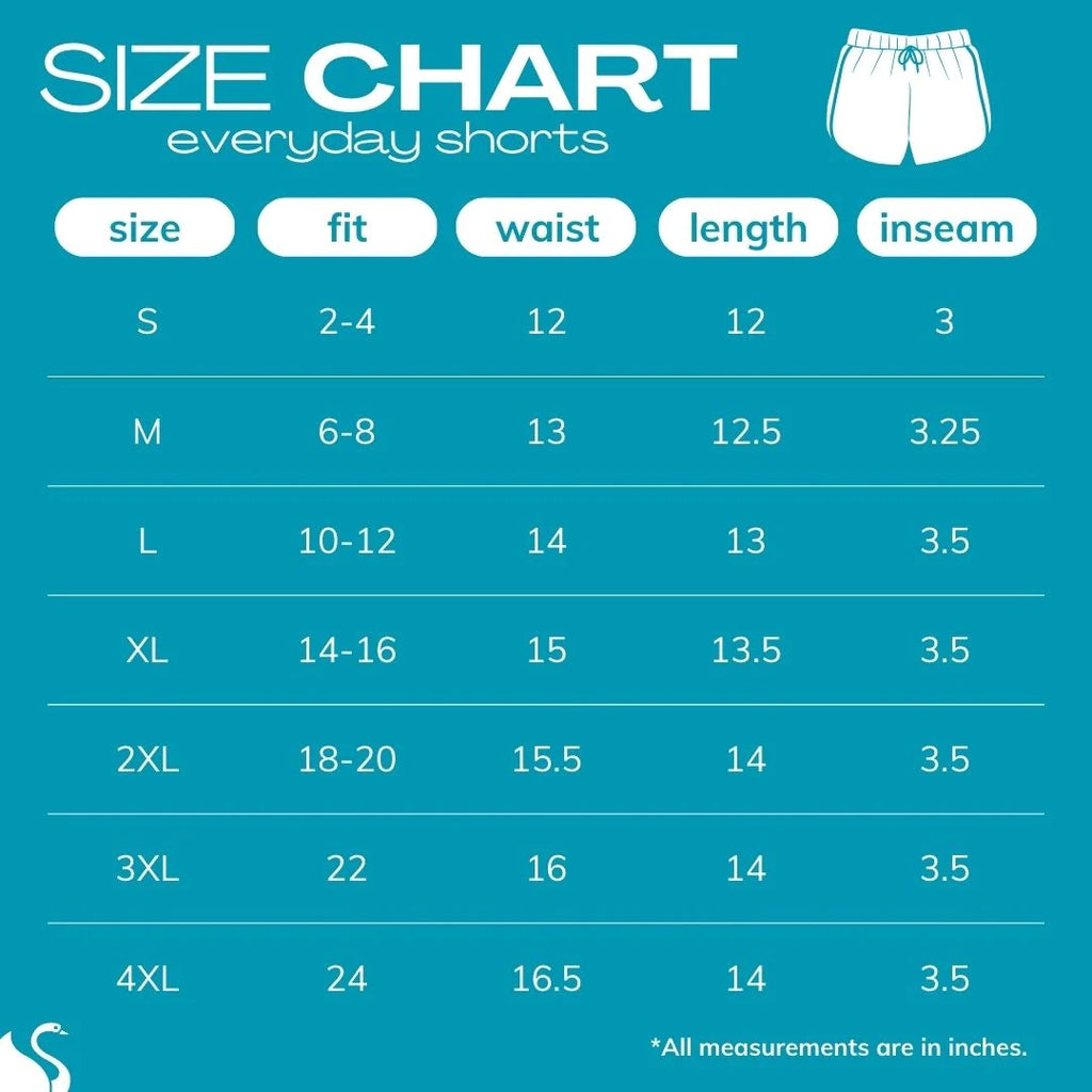 2024 size chart for drawstring everyday shorts