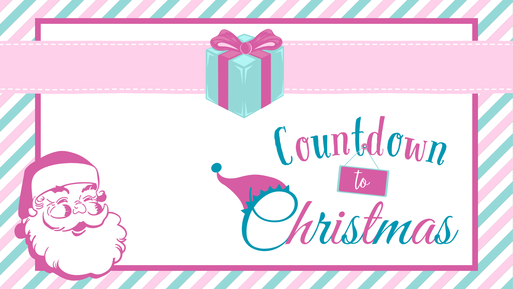 Decorative Christmas banner with 'Countdown to Christmas' text, Santa Claus, and a gift on a striped pastel background