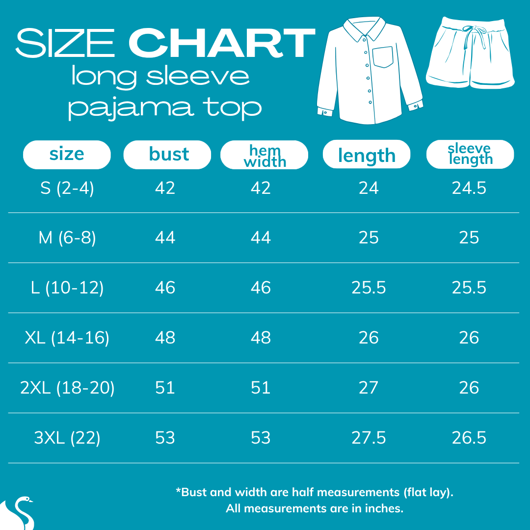 2025 size chart for LONG SLEEVE PAJAMA TOP (set)