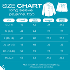 2025 size chart for LONG SLEEVE PAJAMA TOP (set)