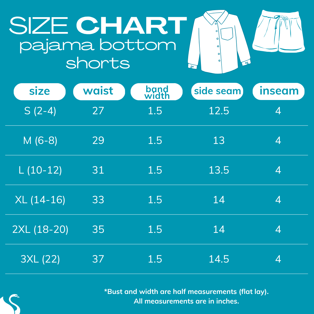 2025 size chart for PAJAMA BOTTOM SHORTS (set)